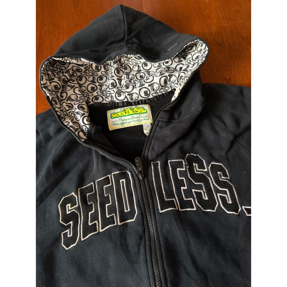 Vintage Seedless Black Full Zip Hoodie Embroidered Logo Graphic Hood Lining XL
